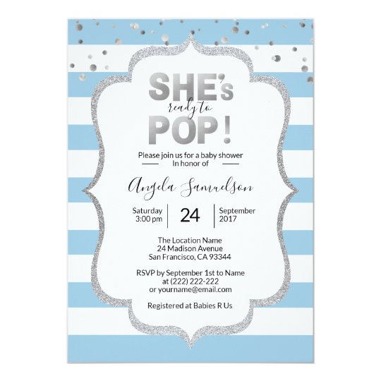 Modern She S Ready To Pop Silver Boy Baby Shower Invitation Zazzle