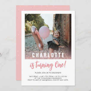 Modern She's Turning One Cute Pink Photo Birthday Invitation