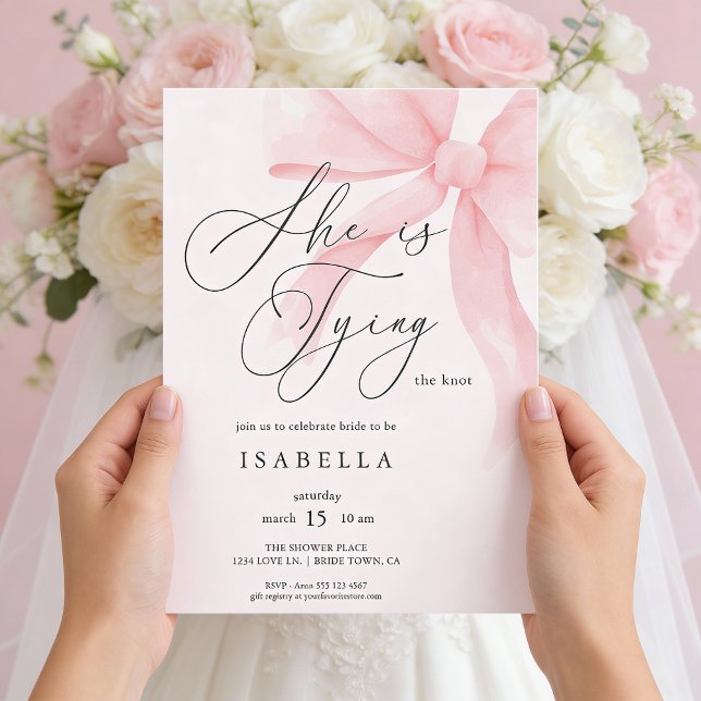 Modern She's Tying The Knot Pink Bow Bridal Shower Invitation (Front of invite shown in 5 x 7 inches, choose size, paper, and corner style.
)