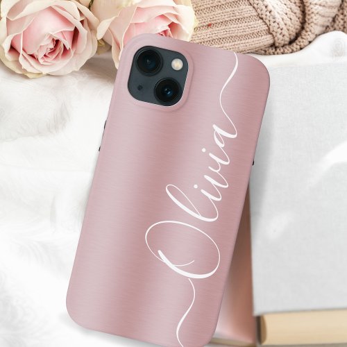  Modern Shimmer Pink Metallic Custom Name iPhone 13 Case
