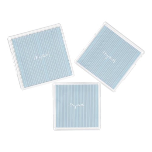 Modern Shimmering Blue Striped Custom Name Acrylic Tray