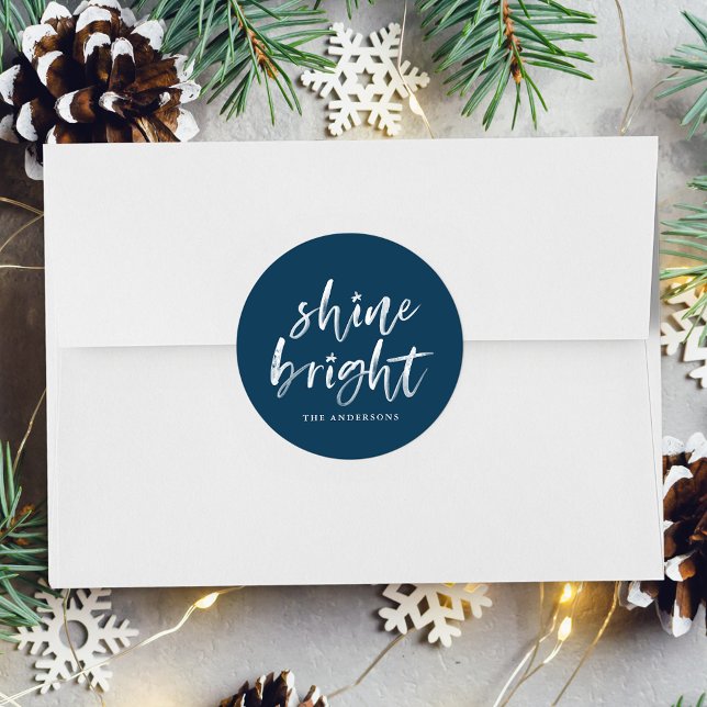 Modern Shine Bright Navy Holiday Classic Round Sticker (Creator Uploaded)