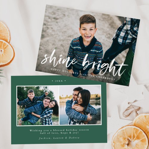 Modern Shine Bright Script Green 3 Photo Holiday Card