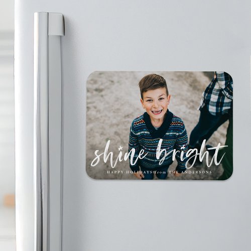 Modern Shine Bright Script Holiday Photo Magnet