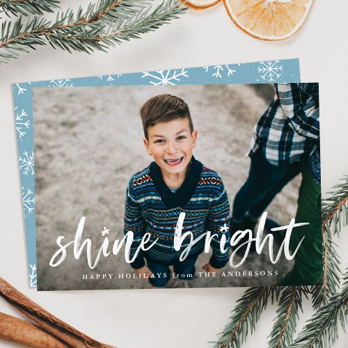 Modern Shine Bright Script Light Blue Photo Holiday Card