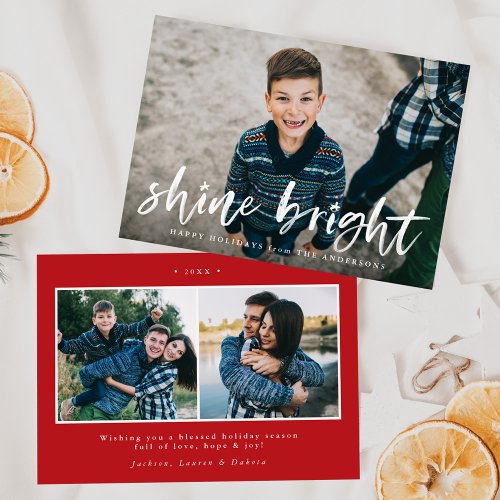 Modern Shine Bright Script Red 3 Photo Holiday Card