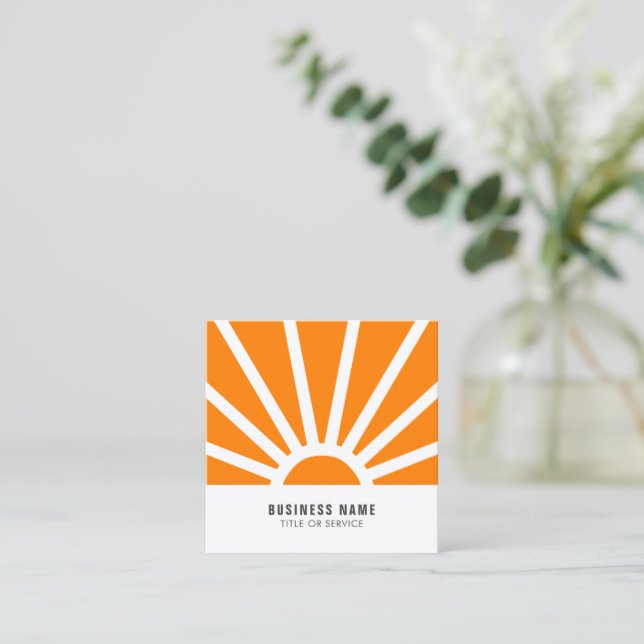 Modern Shining Sun Sunset Sunrays Orange White Square Business Card (Standing Front)