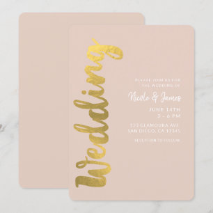 Modern Shiny Faux Gold Foil Beige Glam Wedding Invitation