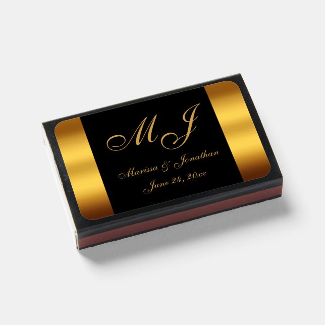 Modern Shiny Gold Plum Script Wedding Matchboxes (Front Closed)