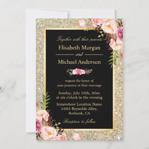 Modern Shiny Gold Sparkles Floral Wedding Invite