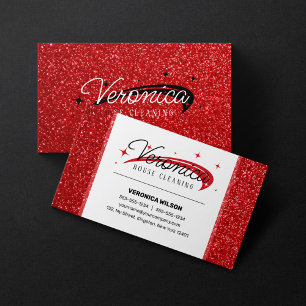 Modern Shiny Red Glitter Housekeeper Cleaning  Business Card
