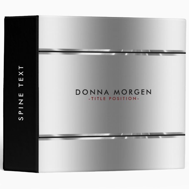 Modern Shiny Silver & Black Stripes 3 Ring Binder (Front/Spine)