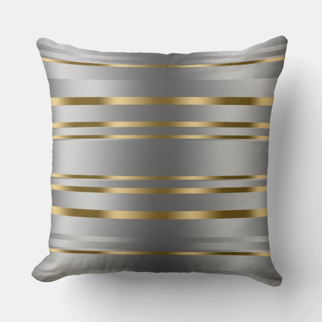 Modern Shiny Silver & Gold Stripes Pattern Throw Pillow (Front)