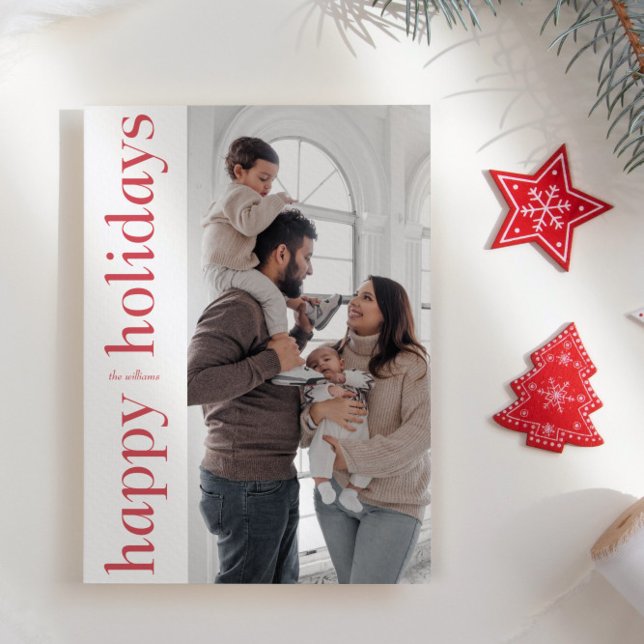 Modern Side Red Type Happy Holidays Photo Card (Creator Uploaded)