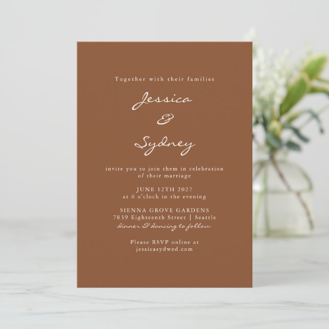 Modern Sienna Brown Script Wedding All In One RSVP Invitation (Standing Front)