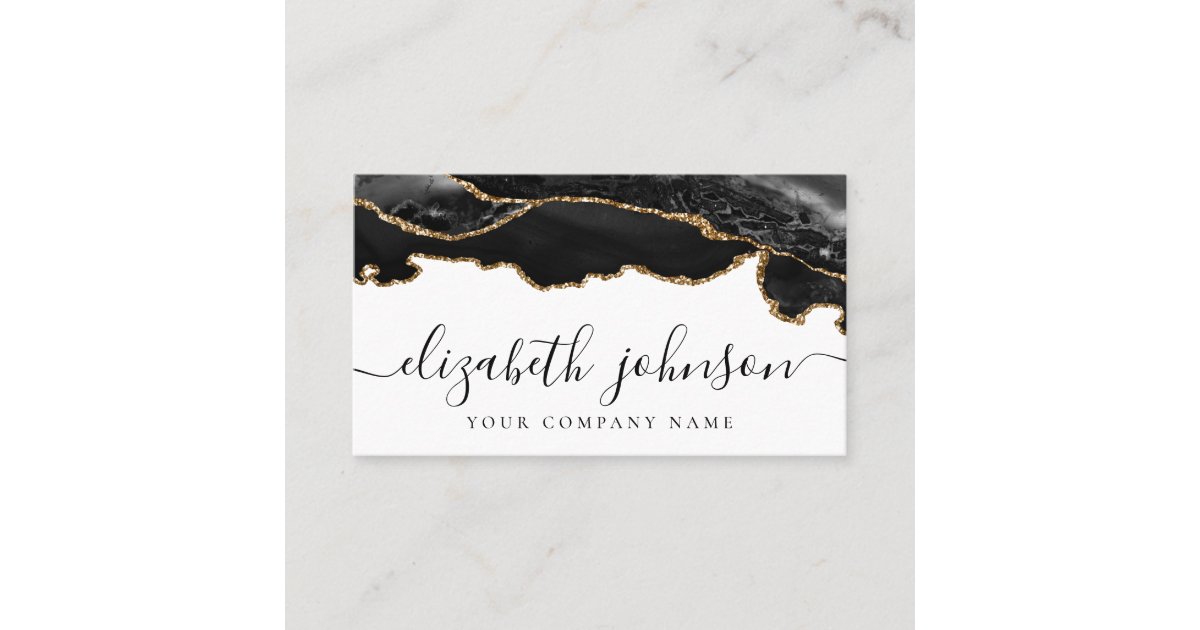 Modern Signature Black Gold Glitter Agate Marble B Business Card | Zazzle