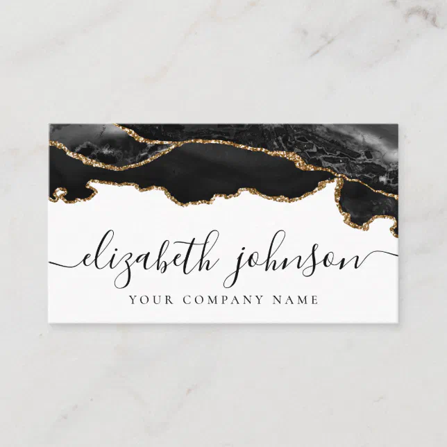Modern Signature Black Gold Glitter Agate Marble B Business Card | Zazzle