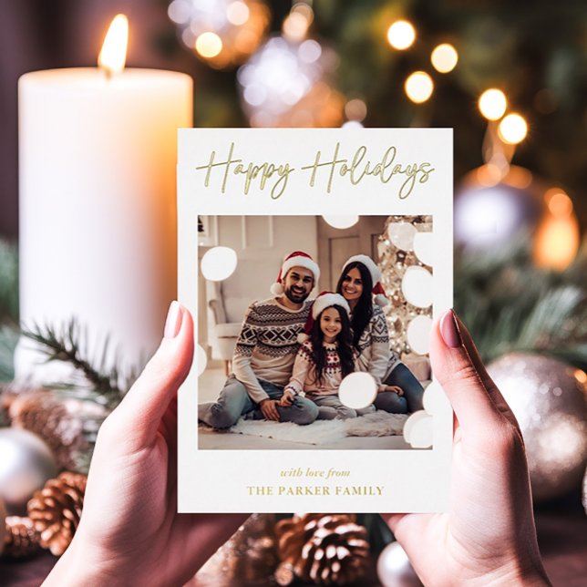 Modern Signature | Gold Foil Script Multi Photo Foil Holiday Card (An elegant holiday card with gold foil script and five of your favorite photos)