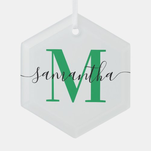 Modern Signature Green Monogram Glass Ornament