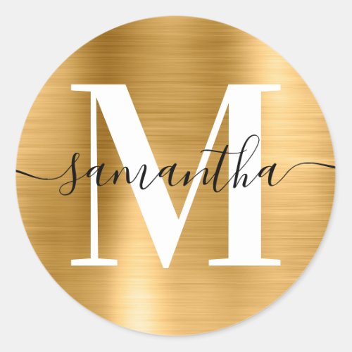 Modern Signature Monogram Gold Foil Classic Round Sticker