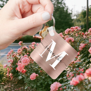 Modern Signature Monogram Rose Gold Foil Keychain