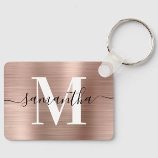 Modern Signature Monogram Rose Gold Foil Rectangle Keychain