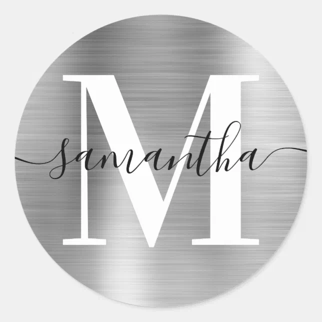 Modern Signature Monogram Silver Foil Classic Round Sticker | Zazzle