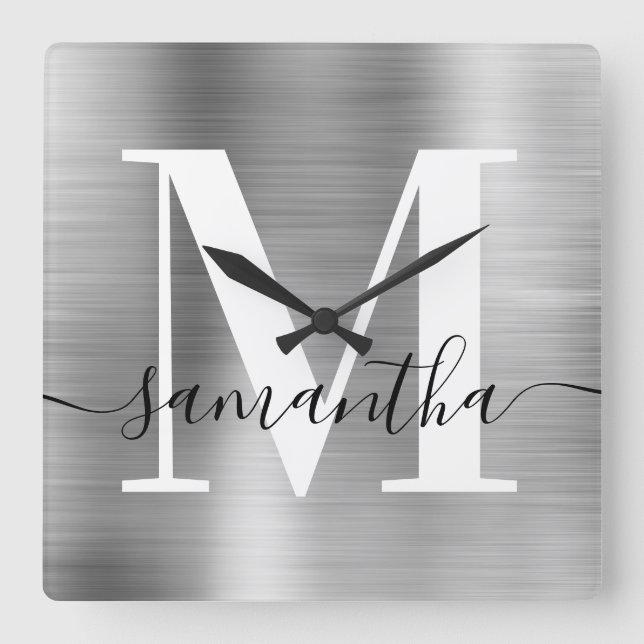 Modern Signature Monogram Silver Foil Square Wall Clock (Front)