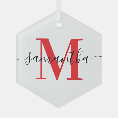 Modern Signature Red Monogram Glass Ornament