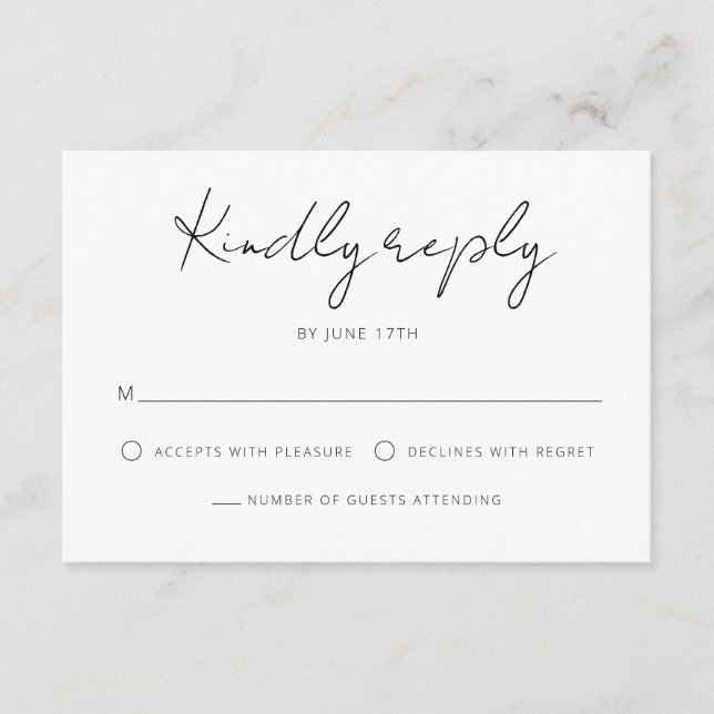 Modern Signature Script Black White Wedding RSVP Card (Front)