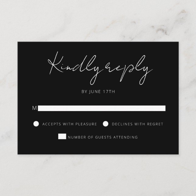 Modern Signature Script Black White Wedding RSVP Card (Front)