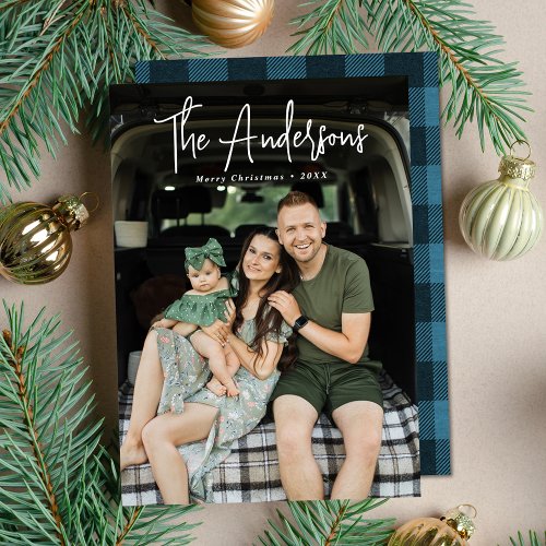 Modern Signature Script Blue Plaid Photo Holiday Card