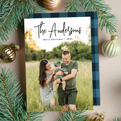 Modern Signature Script Blue Plaid Photo Holiday Card