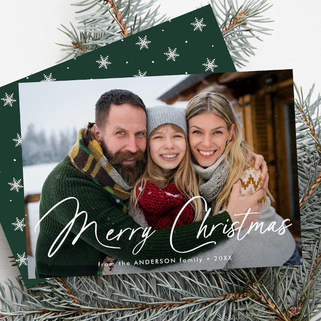 Modern Signature Script Christmas Green Photo Holiday Card Zazzle
