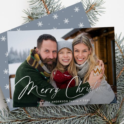 Modern Signature Script Christmas Ice Blue Photo Foil Holiday Card