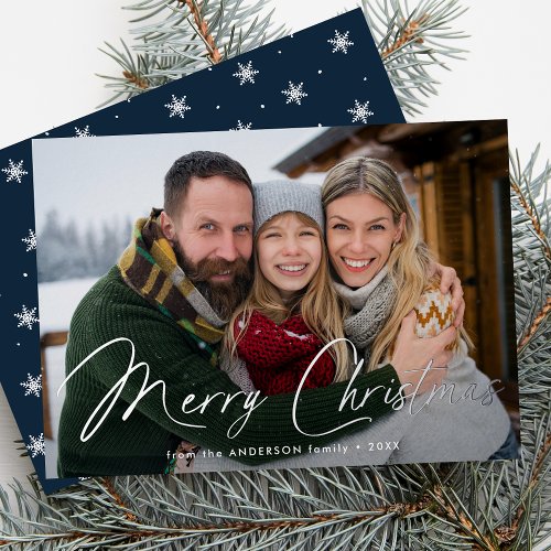 Modern Signature Script Christmas Navy Photo Foil Holiday Card