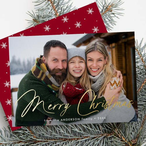 Modern Signature Script Christmas Red Photo Foil Holiday Card