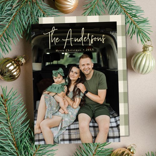 Modern Signature Script Cream and Olive Photo Foil Holiday Card