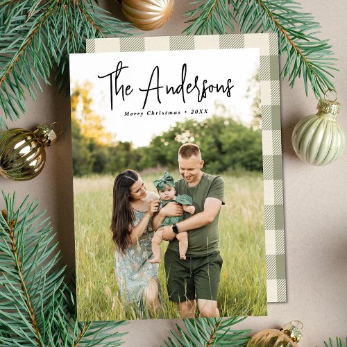 Modern Signature Script Cream and Olive Photo Holiday Card