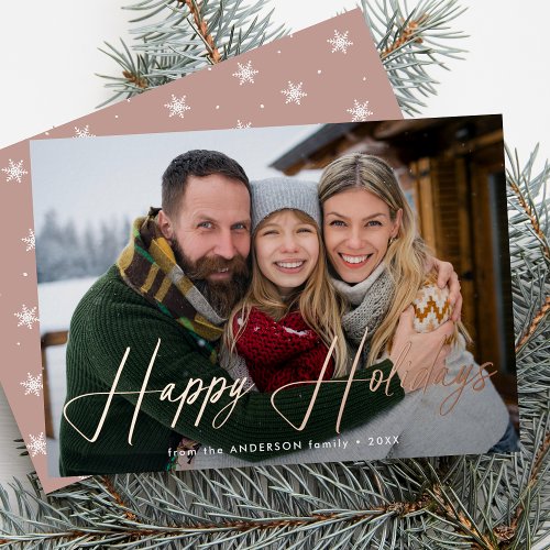 Modern Signature Script Dusty Rose Photo Foil Holiday Card