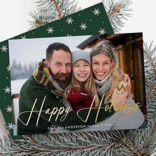 Modern Signature Script Green Photo Foil Holiday Card