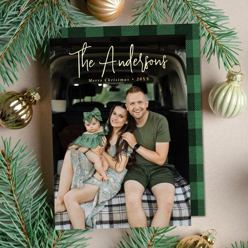 Modern Signature Script Green Plaid Photo Foil Holiday Card