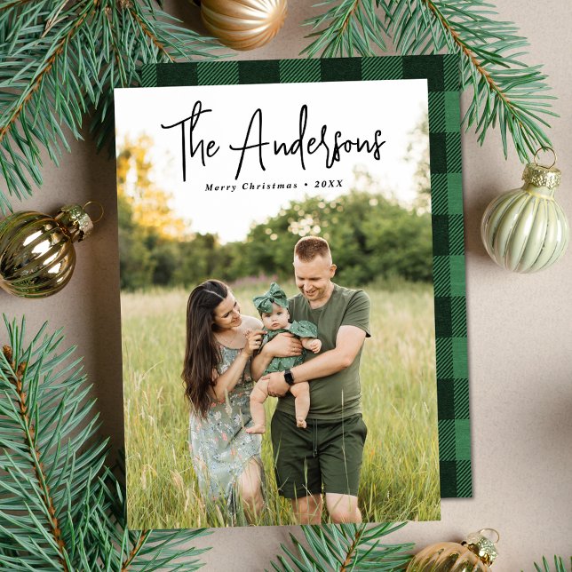 Modern Signature Script Green Plaid Photo Holiday Card (Creator Uploaded)