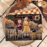 Modern Signature Script Happy Thanksgiving Photo Foil Holiday Card<br><div class="desc">Cute Thanksgiving photo card featuring "Happy Thanksgiving" displayed in a handwritten gold foil handwritten script overlay. Personalize the card with your favorite horizontal photo and your family name in white lettering. The card reverses to display a cream and orange watercolor plaid background.</div>