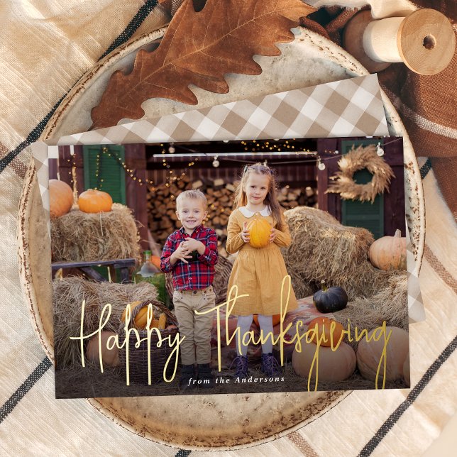 Modern Signature Script Happy Thanksgiving Photo Foil Holiday Card (Creator Uploaded)