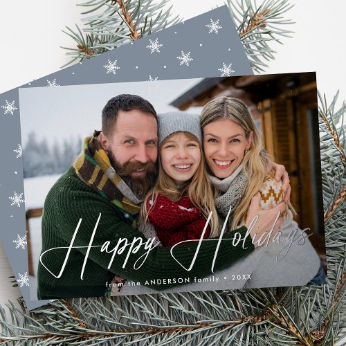 Modern Signature Script Ice Blue Photo Foil Holiday Card