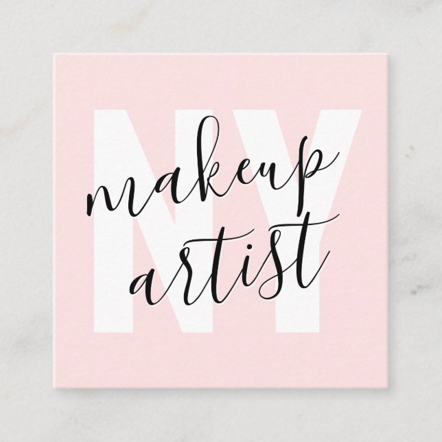 Modern signature script light pink makeup artist square business card (Front)