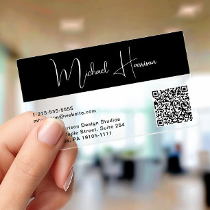 Modern Signature Script QR Code Black Clear Business Cards