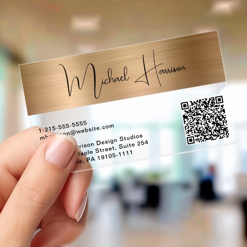 Modern Signature Script QR Code Gold Clear Business Cards