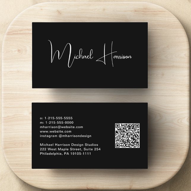 Modern Signature Script QR Code Professional Black Business Card (Capture attention, make connections, and leave a lasting impression with our modern QR business card)